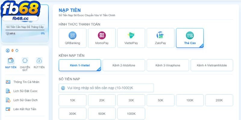 Hướng dẫn nạp tiền FB68 thông qua thẻ cào nhanh chóng